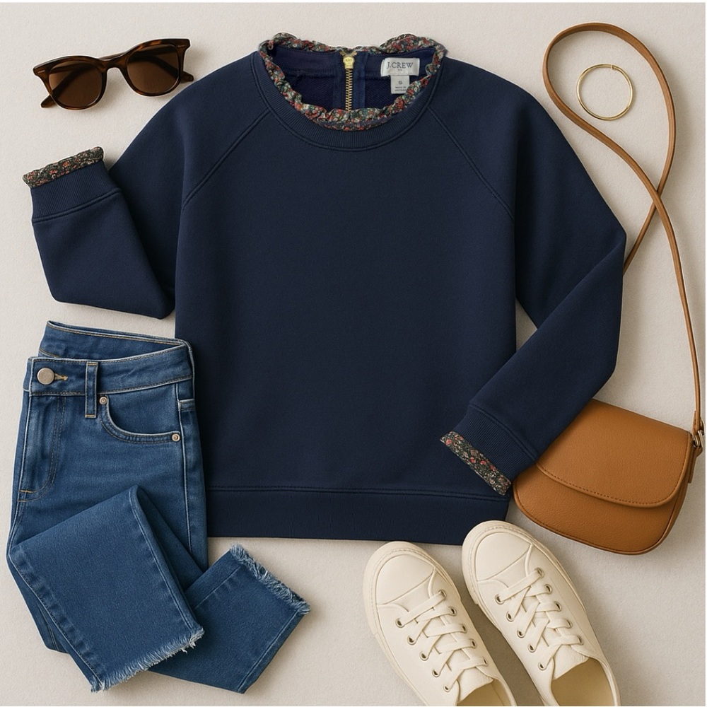 J. Crew Woven Ruffleneck Pullover Sweatshirt Floral Trim Gold Zip Navy Small - Picture 4 of 17